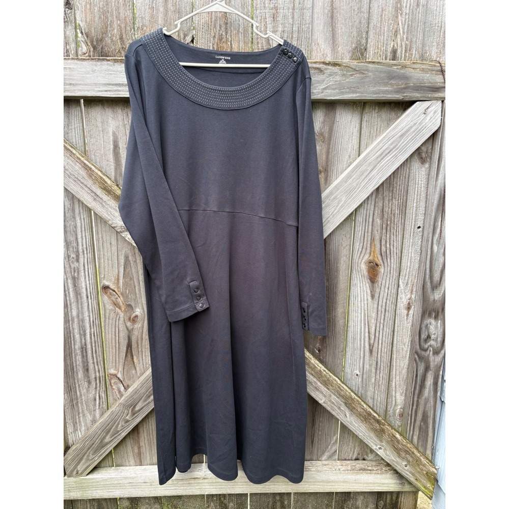 Lands End Women 2X Black Cotton Knit Long Sleeve Button Neck A-Line Dress 391986
